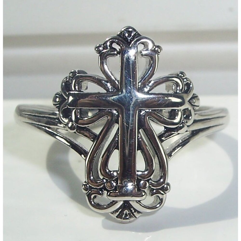 925 STERLING SILVER Antique Style Dainty Cross Ring - Picture 2 of 16